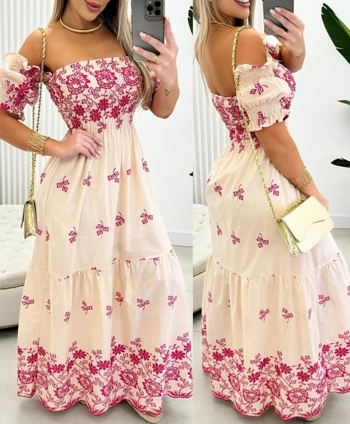 

Women's Dress Elegant Fashion Summer Vacation Casual Floral Print Off Shoulder Short Sleeve Shirred High Waist Maxi Smock Dress