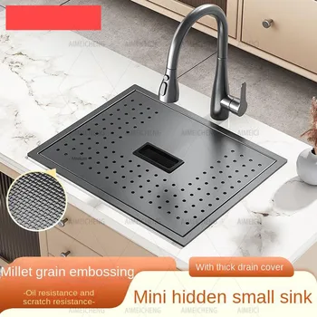 นาโนเมตรสีดําฝาครอบคู่ซ่อนอ่างล้างจาน 304 อ่างล้างจานสแตนเลสอ่างล้างจานเดี่ยว 2