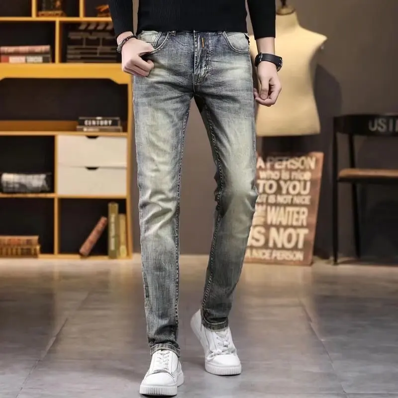 Fashion Autumn Winter Denim Men Do Old Retro 2022 Slim Elastic Brand Small Straight Long Pants Punk Distressed Streetwear Jeans