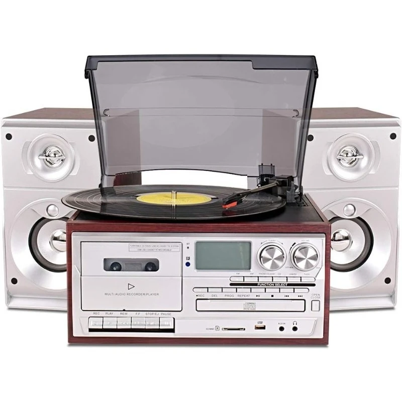Vinyl Record Player with 15W External Speakers 9 in 1 3 Speed Bluetooth Vintage Turntable CD Cassette Player /FM
