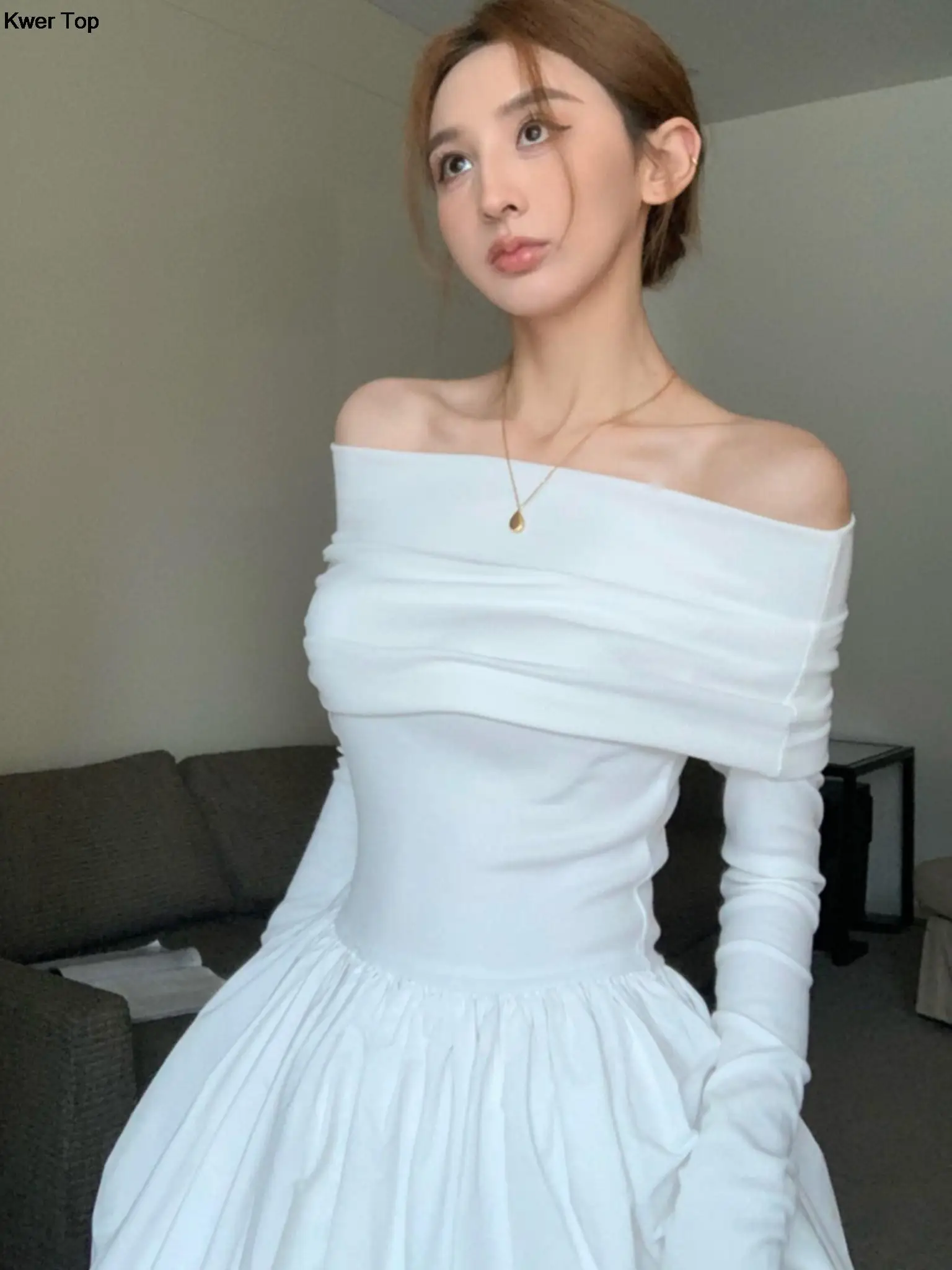 Autumn Fashion Evening Party Maxi White Dress Women Korean