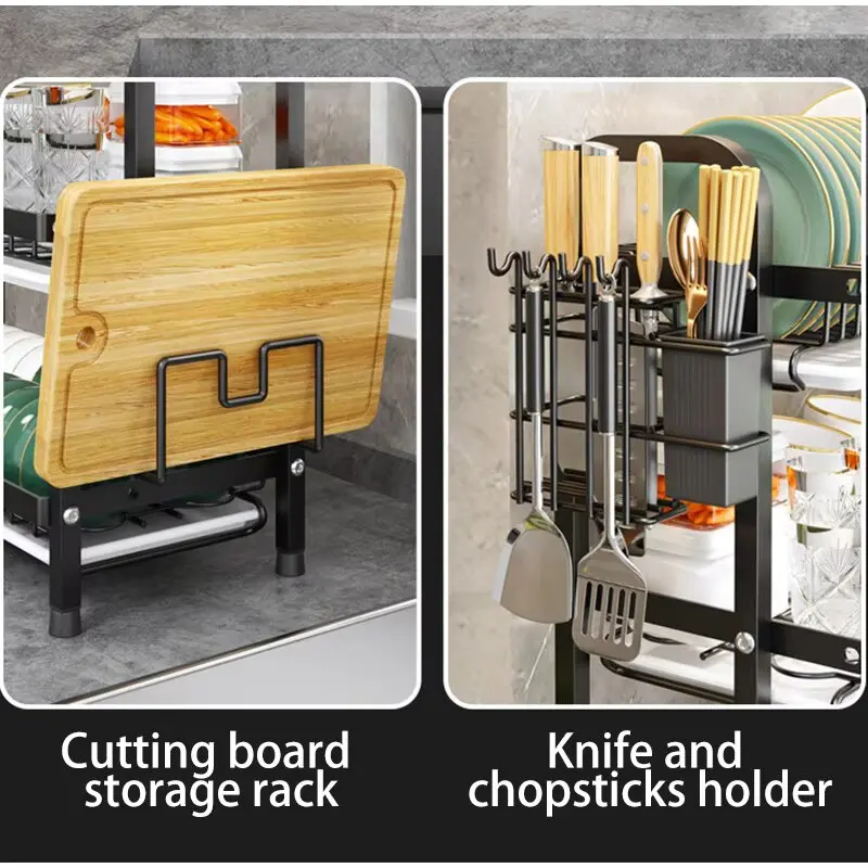 Multi-functional 1/2-Tier Dish Rack Kitchen Supplies Storage Rack Draining Rack with Chopsticks/Knives/Cutting Board Holder 4