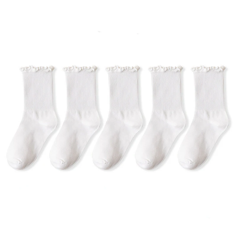 5 par/lote calcetines para mujer volantes algodón tubo medio tobillo corto transpirable negro blanco conjunto primavera otoño