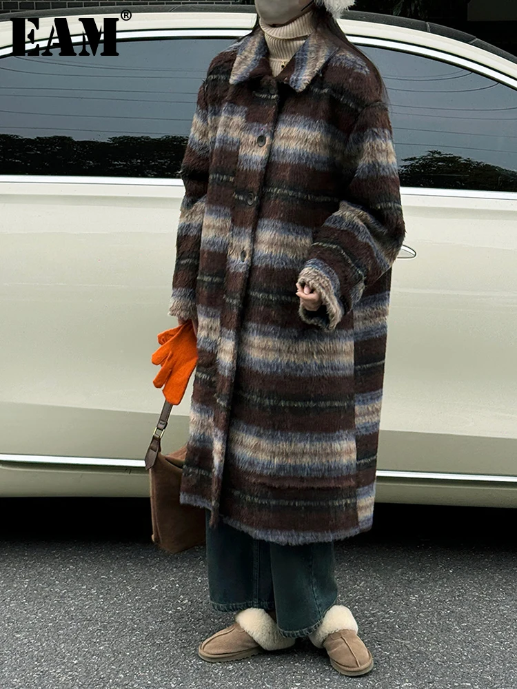 

[EAM] Loose Fit Plaid Big Size Long Woolen Coat New Lapel Long Sleeve Women Jacket Fashion Tide Autumn Winter 2024 1DH2800