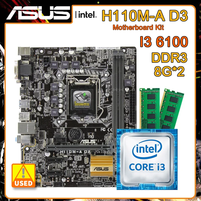 

Asus H110M-A D3 Motherboard kit with Core I3 6100 cpu + 2*DDR3 8G RAM Intel H110 Motherboard set PCI-E 3.0 USB3.0 Micro ATX