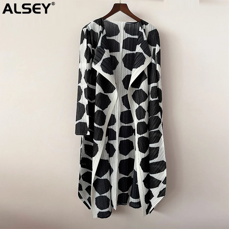 

ALSEY Miyake Pleated Women's Long-sleeved Trench Coat Autumn New Plus Size Casual Black White Printed Lapel Mid-length Cardigan