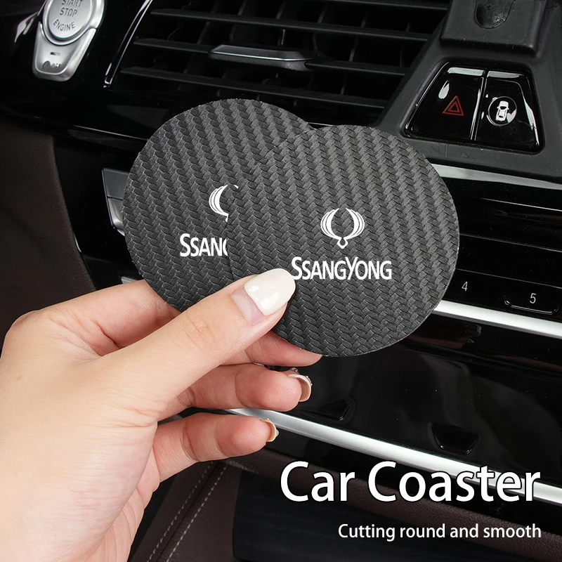 Car carbon fiber water coaster non-slip mat 2Pcs for SsangYong Actyon Korando Rexton Kyron Rodius Tivoli Musso Chairman