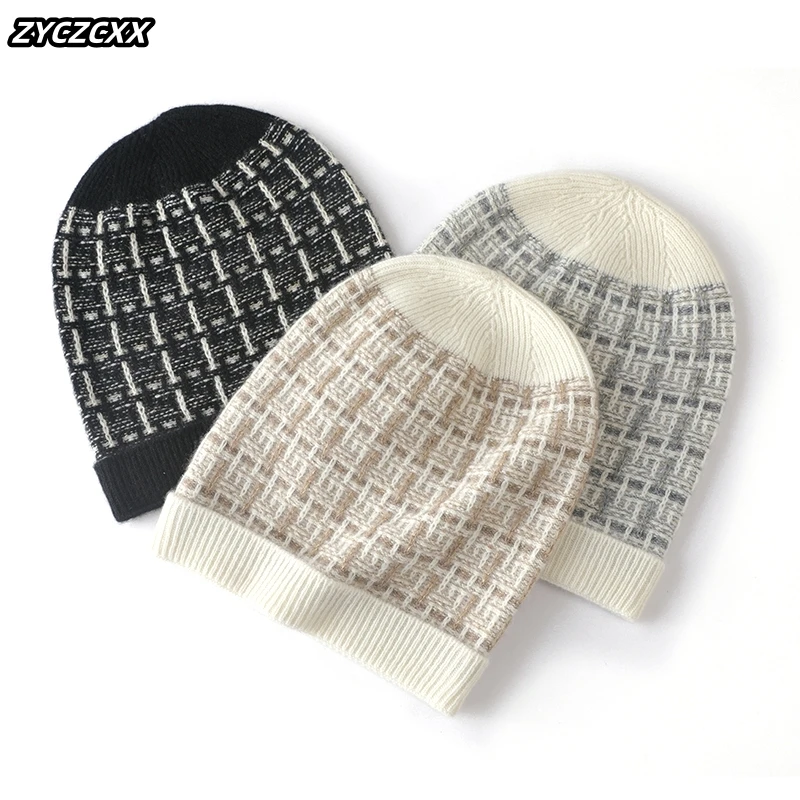 

High Quality Cashmere Winter Hat Women New Fashion Kkeep Warm Outdoor Beanie Hats Knitted Plaid Striped Cashmere Hedging Cap