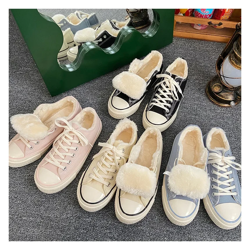 

2023 New Fashion Low-cut Lace-up Women's Thick and Velvet Warm Canvas Shoes Women's Solid Color Classic Vulcanized Shoes