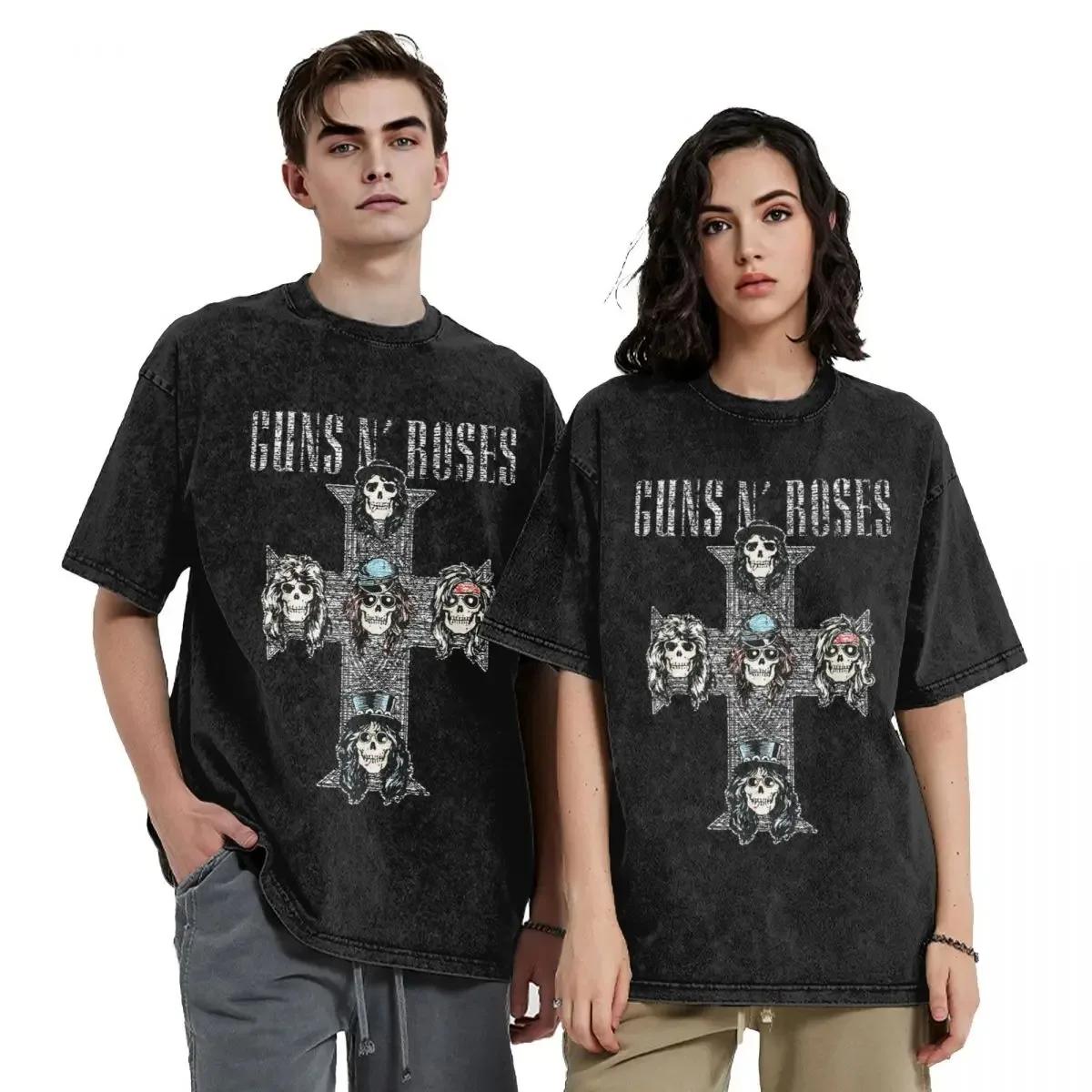 Washed T Shirt Guns N Roses Vintage Cross Hip Hop Vintage T-Shirts Street Streetwear 100% Cotton Summer Tops Tees Men Women