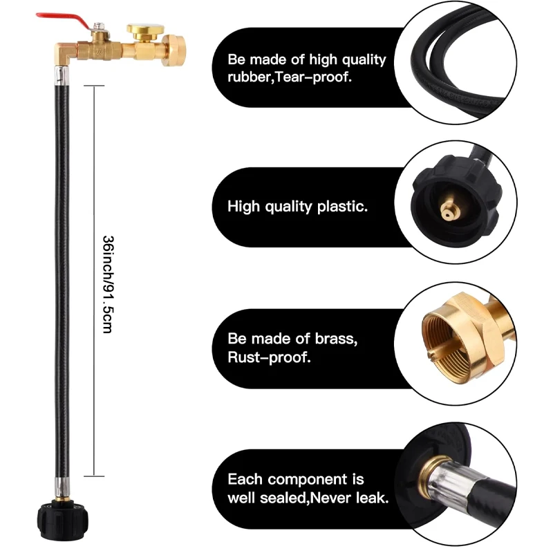 Gas Appliances Cylinder Conversion Head Tank Air Pipe Propane Refill Adapter Hose with Pressure Gauge And ON/Off Control Valve
