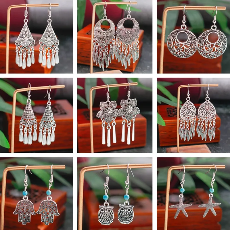 Bohemian Tropfen Ohrringe für Frauen Ethnische Retro Silber Farbe Tier Blume Quaste Baumeln Ohrringe Mädchen Party Urlaub Schmuck Geschenke