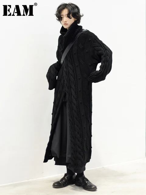 [EAM] вязаный черный большой размер длинный кардиган свитер водолазка с длинным рукавом Женская Новая мода осень зима 2023 1DH0112 1