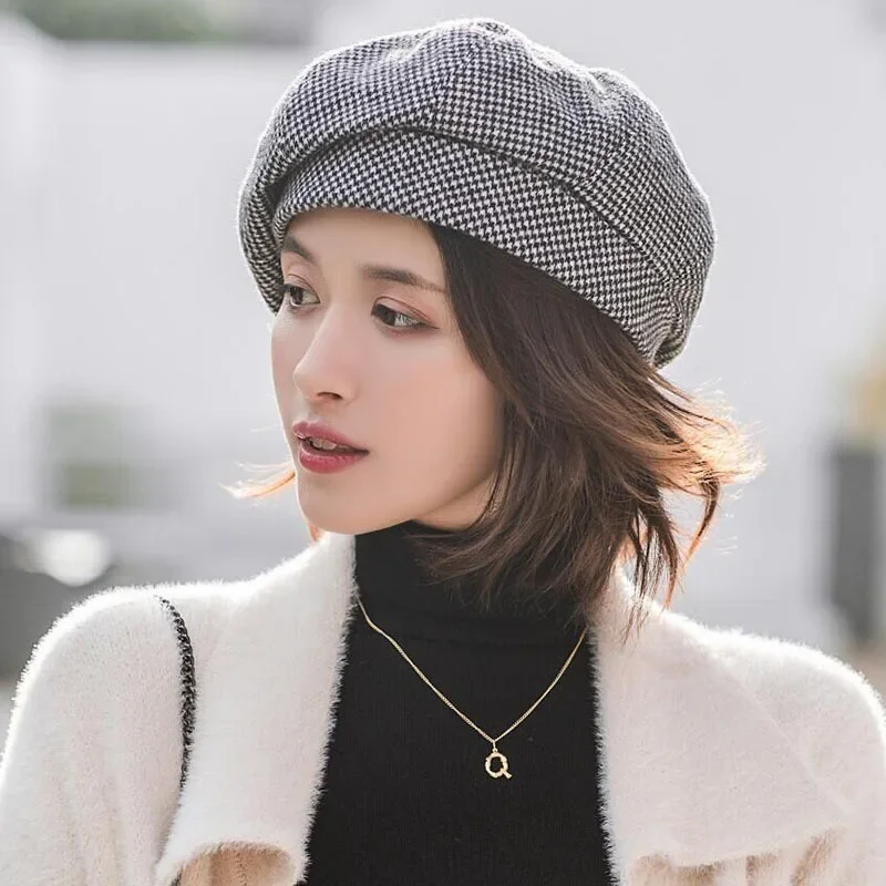 Women Wool Beret Foldable Japanese Caps Casual Female Cotton Hats Plaid Vintage Cap Warm Fashion Shade Tie-Dye Newsboy Caps