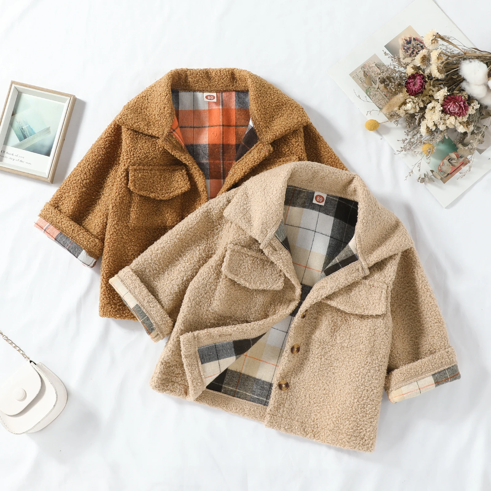 FOCUSNORM 0-5Y Winter Infant Kids Boys Wools Jacket Lapel Long Sleeve Fur Plaid Long Sleeve Single Breasted Double-sided Coat