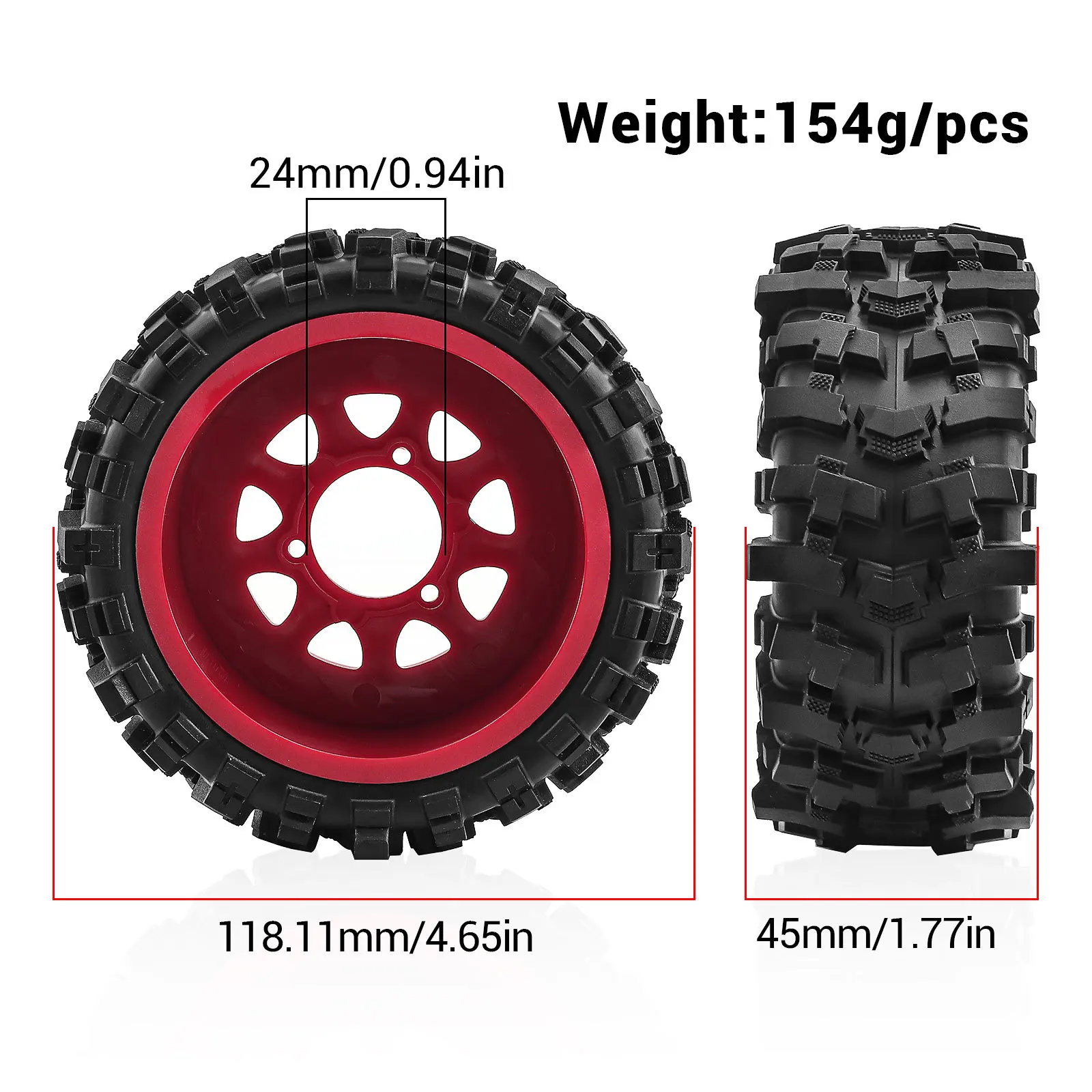 Vue de côté des roues RC 18mm avec pneus crantés, adaptées aux crawlers 1/10 et boulons hexagonaux