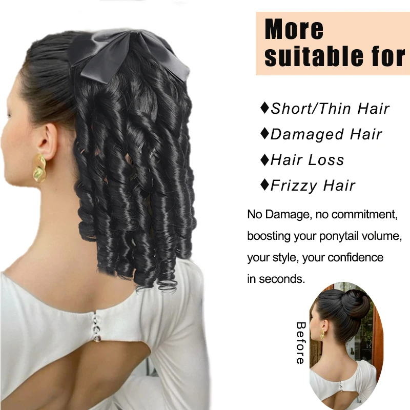 LUPU Princess Roman Style Curly Ponytail, Black Bow Retro Wig Extension Easy to Stretch Comb Style Wig Suitable for Women