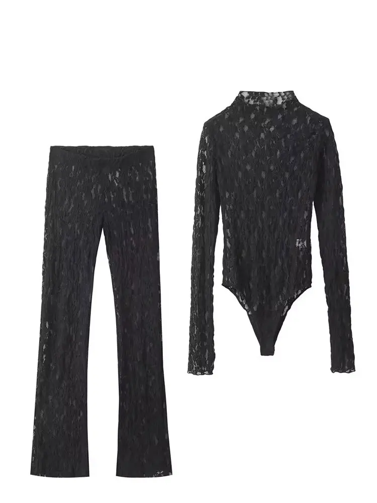 HH Womens Lace Pants Sets Slim Jumpsuits Top + High Waist Trousers Sexy Lady Floral Lace Translucent Y2k Bodysuit Suits