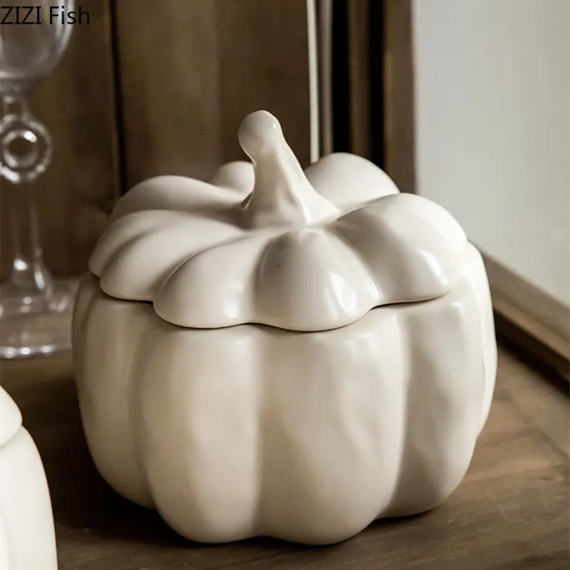 Ceramic Storage Jar Ceramic Storage Tank Pumpkin Shape Porcelain Bowl Ceramic Candle Jar Candy Jar Store Canister Household Kitchen Container