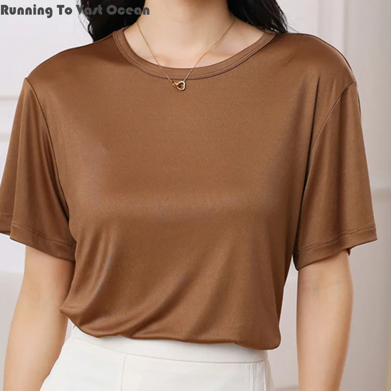 

2024 new summer Thin Sleeve Short Top Summer Solid Color Large New Loose Acetate Satin Round Neck T-Shirt For Women 2024