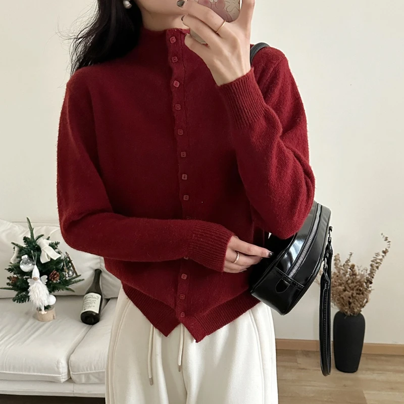 New Soft Comfortable Stand-Up Collar Sweater Cardigan Women Simple Single Breasted Cardigans Coat Autumn Solid Knitted Outerwear