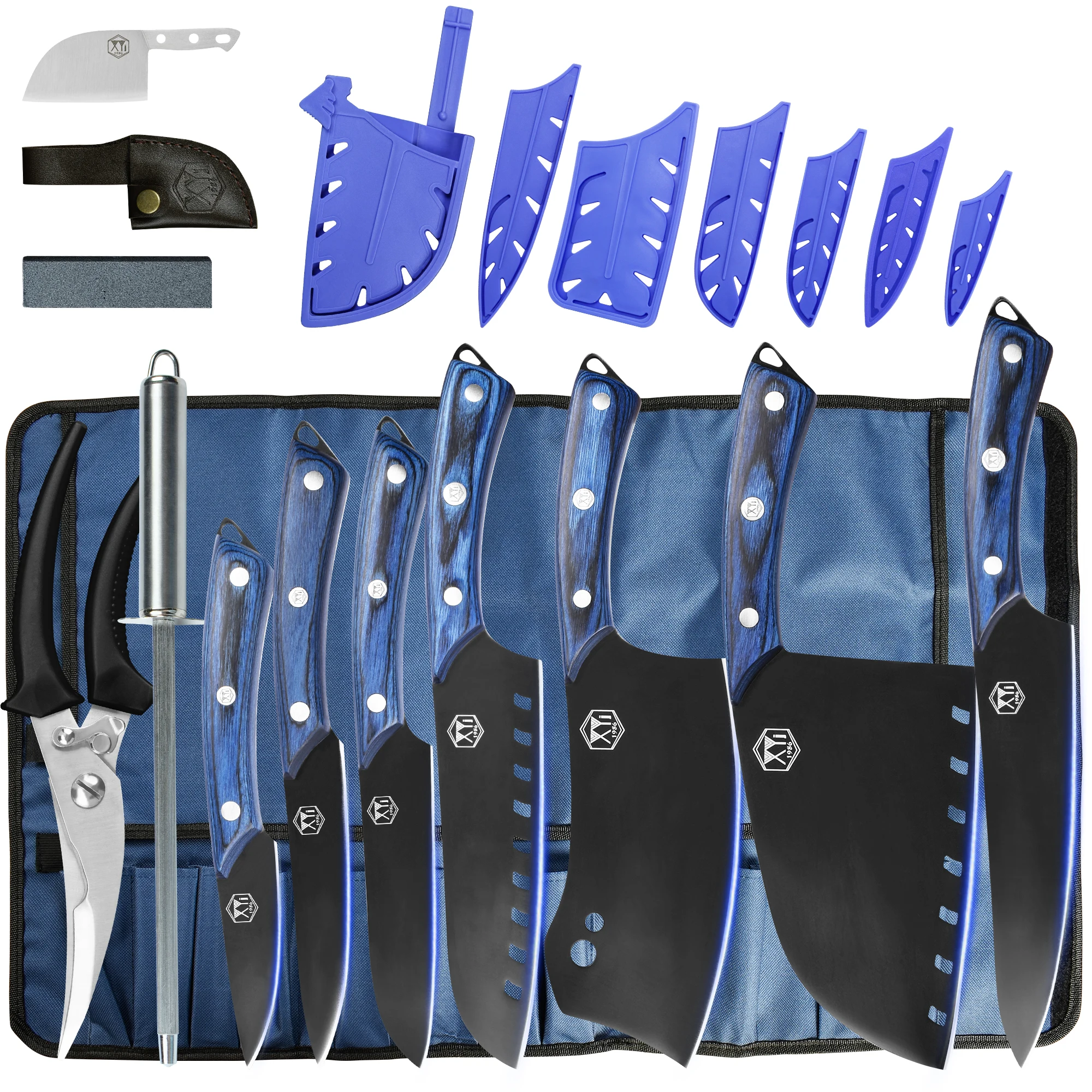 

XYj Professional Kitchen Knives Set Blue Wood Handle Cleaver Cooking Utility Paring Chef Knife Tools Scissors Roll Bag Gift Kit