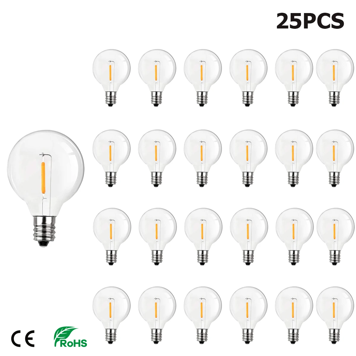 

25PCS G40 1W LED String Lights Replacement Bulb E12 AC220V DC0.3V Warm White 2200K LED Lamps Replace 7W Incandescent Bulbs Plast