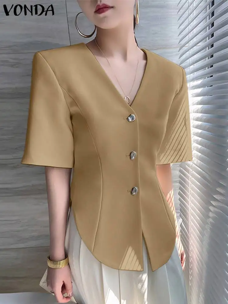 

Women Blazer 2023 VONDA Fashion Elegant Suits Sexy Solid Color Short Sleeve Coats Casual Button Irregular Hem Blazer Outwears