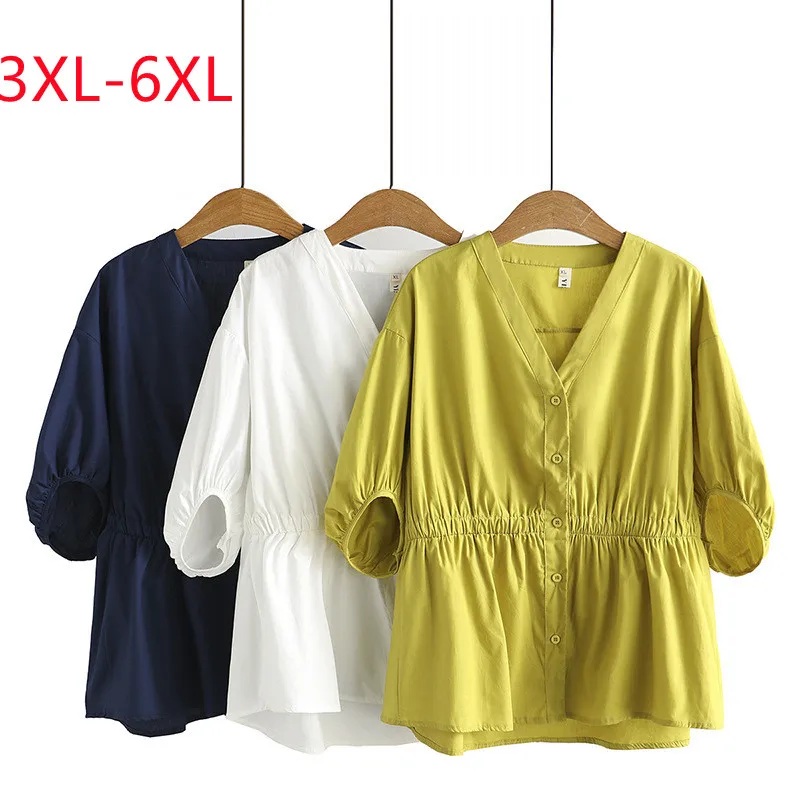 

Large Womenswear spring / summer 2022 new slim loose V-neck lantern sleeve design Plus Size short sleeve shirt 3XL 4XL 5XL 6xl