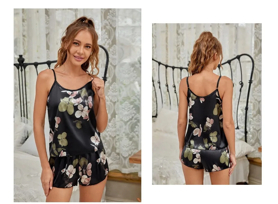 ladies pajama 2022 New Fashion Sexy Floral Pajama Set Women's 2 Pieces Sleepwear Pyjamas Silk Satin Cami Top and Shorts Pajamas for Women Pajama Sets