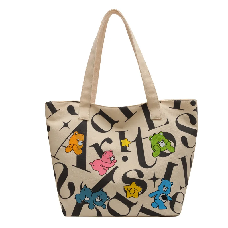 Rainbow Bear CareBear Canvas Woman Tote Bag Bear Alphabet Cartoon Cute Print Large Capacity Shopping Bag Hand Bill Shoulder Bag