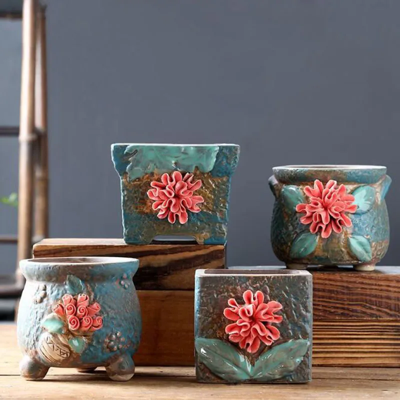 粗陶器リリーフフラワーボール盆栽ポット多肉植物ポット花瓶通気性の