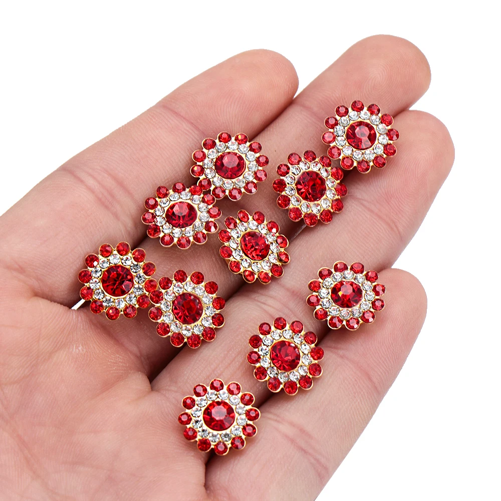 10Pcs 14MM Flower-shaped Rhinestone Buttons Sparkling Steel Bottom Crystal Glass Stone DIY Craft Apparel Sewing Clothes Decor