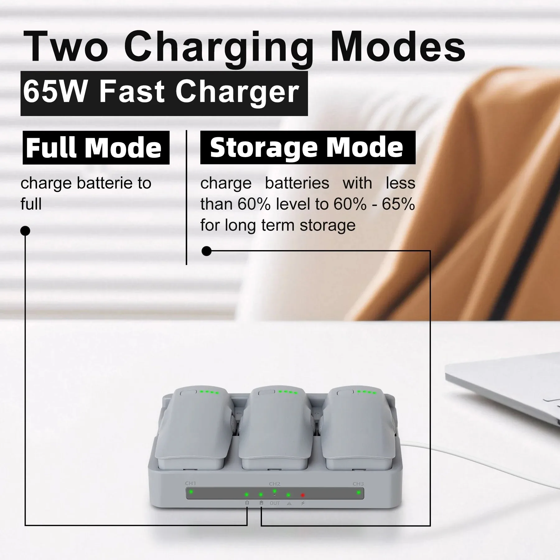 Chargeur rapide 65W 3 canaux pour batterie DJI Neo 2 - Hub intelligent