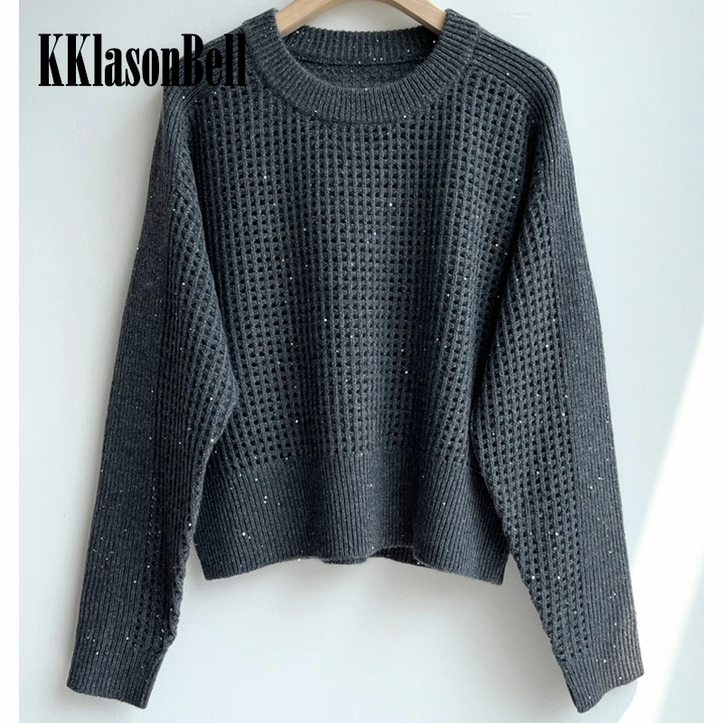 

10.17 KKlasonBell Round Neck Hollow Out Sequins 100% Cashmere Knitted Pullover Sweater Women