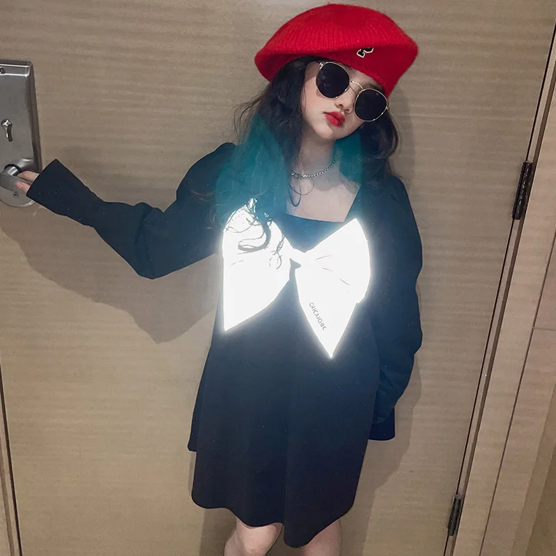 

2022 New Shirt Princess Style High-end Cute Domineering Girl Skirt Luminous Bow Loose Dress For 4-16 Year Girls Fashion Clothing