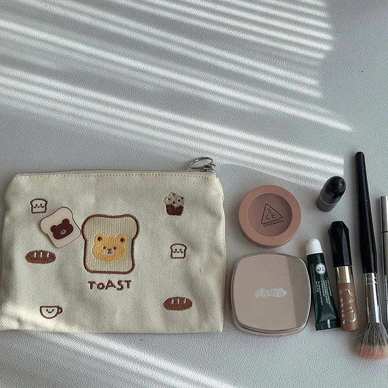 Women Canvas Cosmetic Bag Cute Embroidery Makeup Bags Girls Lovely Cloth Wallet Cotton Zipper Purse Storage Organizer Pencil Bag 4