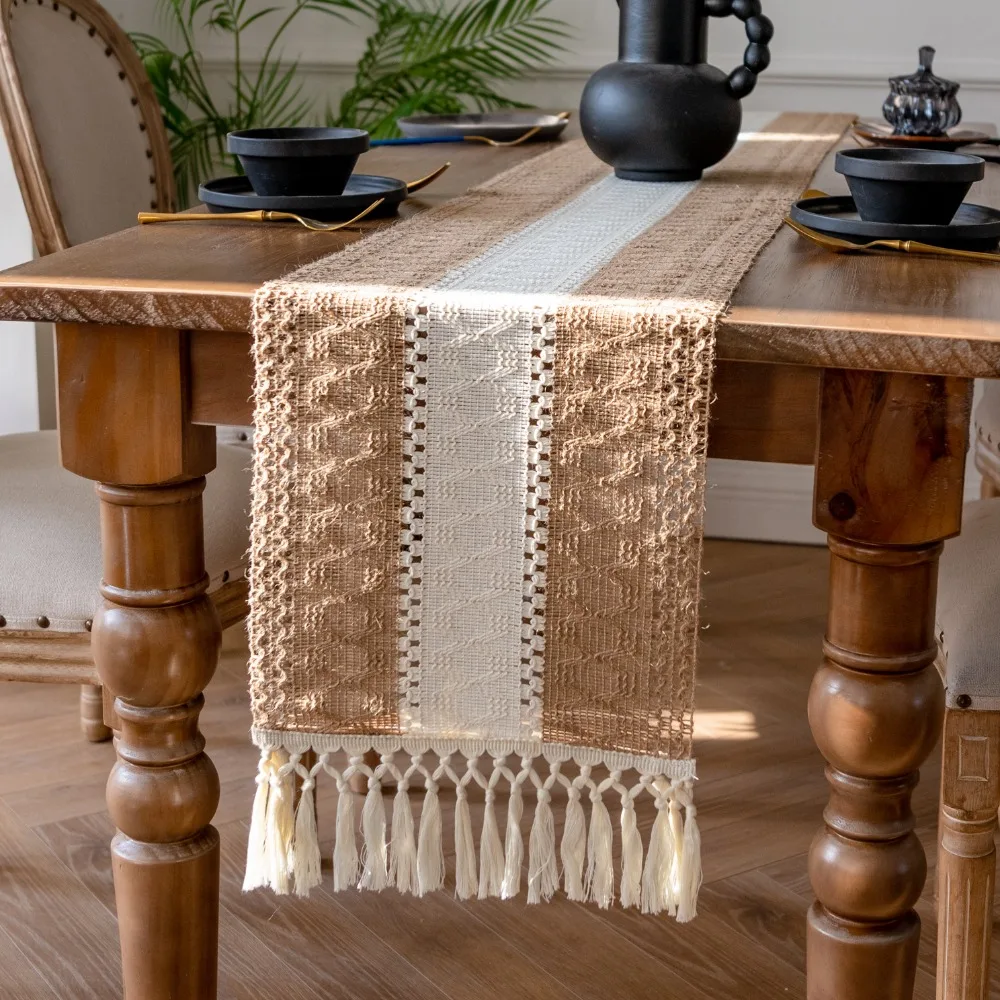 Runner da Tavola in Cotone e Lino Stile Americano, Rustico Rettangolare Boho, Tinta Unita con Nappe, Tovaglia Natalizia