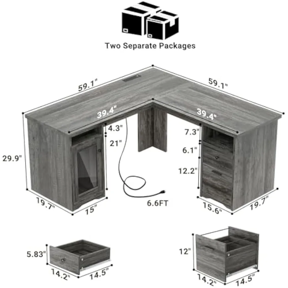 L Shaped Desk with Drawers, 60 Inch Corner Computer Desks with USB Charging Port and Power Outlet, Large 2 Person Home Office T 3