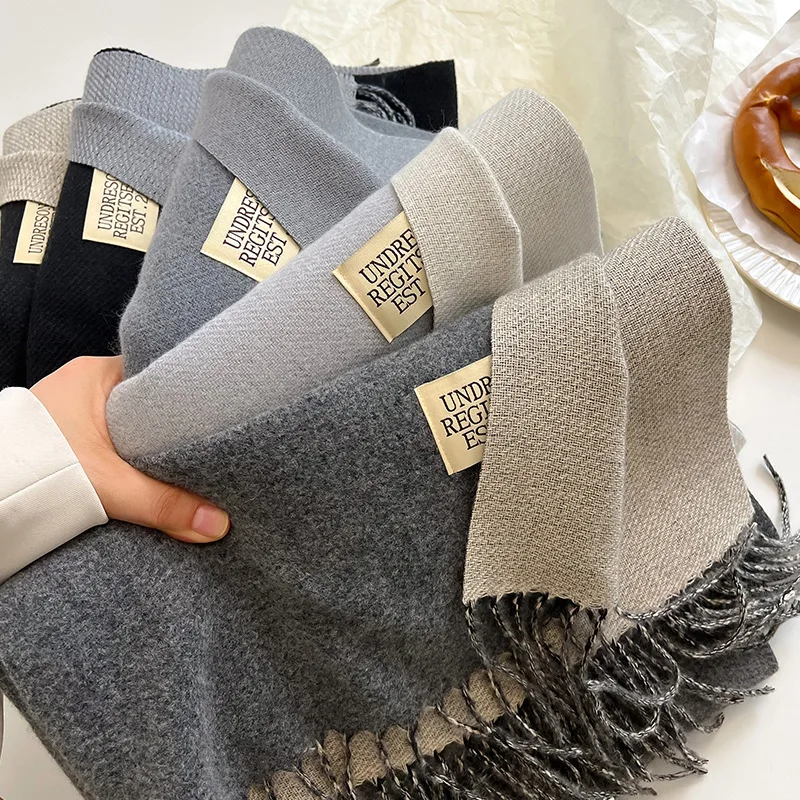 Double Sided Winter Cashmere Scarf Women Thick Warm Pashmina Shawls Wraps Tassel Lady Blanket Medium Length Scarf Solid Color