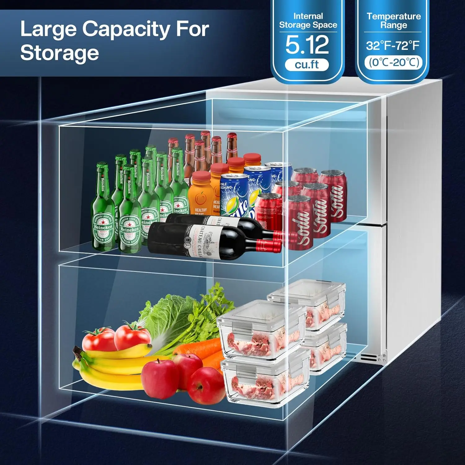 24 inch Refrigerator, Outdoor Fridge for Patio, Wine and Beverage Refrigerator, Drawer Refrigerator Under Counter