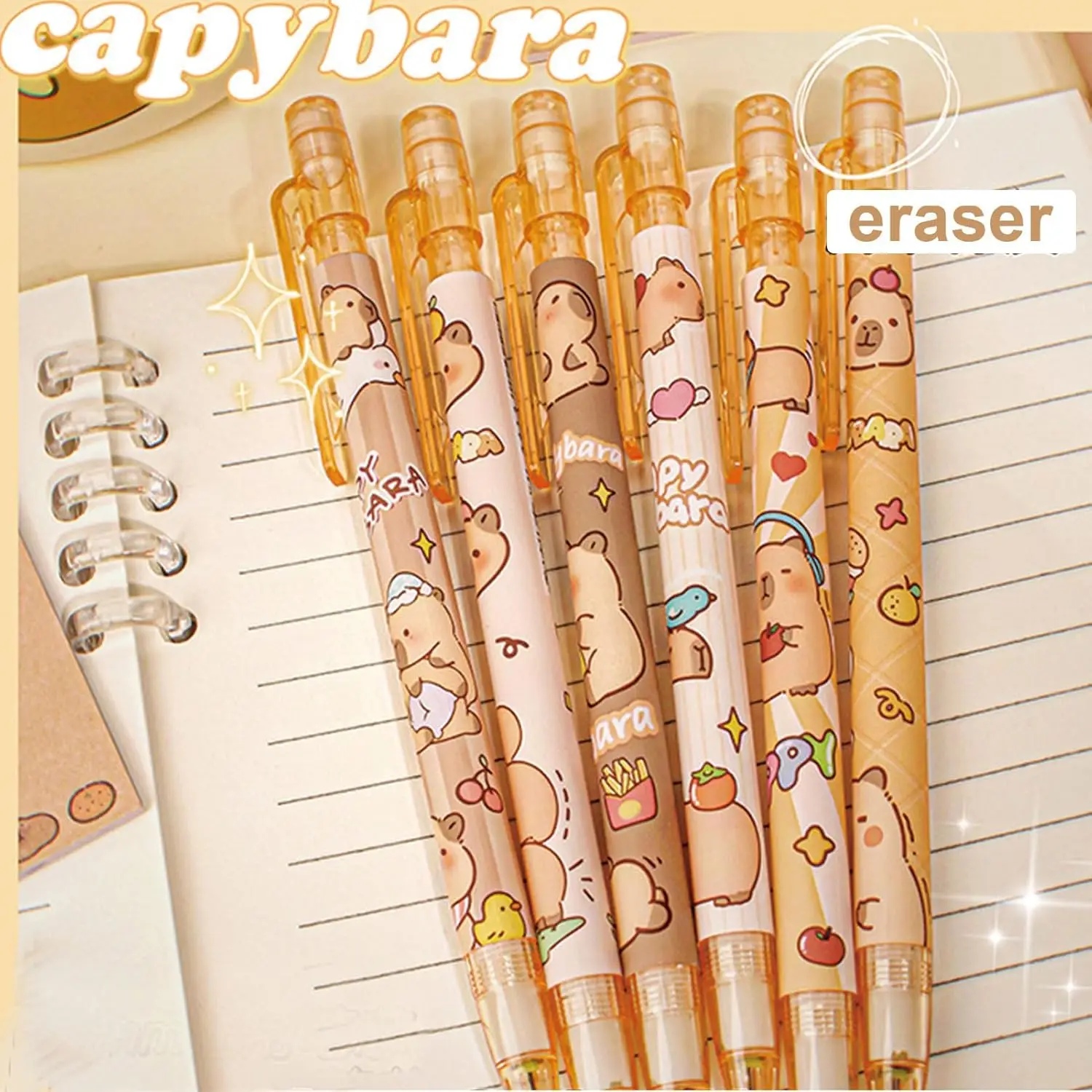 6 Pcs Cute Mechanical Pencils with Eraser 0.5mm Cartoon Capybara Mechanical Pencil Light Pencil for Kids Boy Girl Women 6