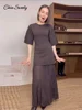 Elegant Patchwork Long Dress Women Brown O-neck Half Sleeve Slim Pleat Dresses Female 2025 Spring Summer Lady High Street Robes 1