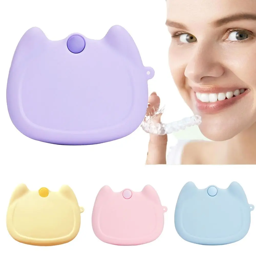 Cartoon Cat Silicone Retainer Case Drain Holes Soft Denture Storage Box Portable Washable False Teeth Protective Case