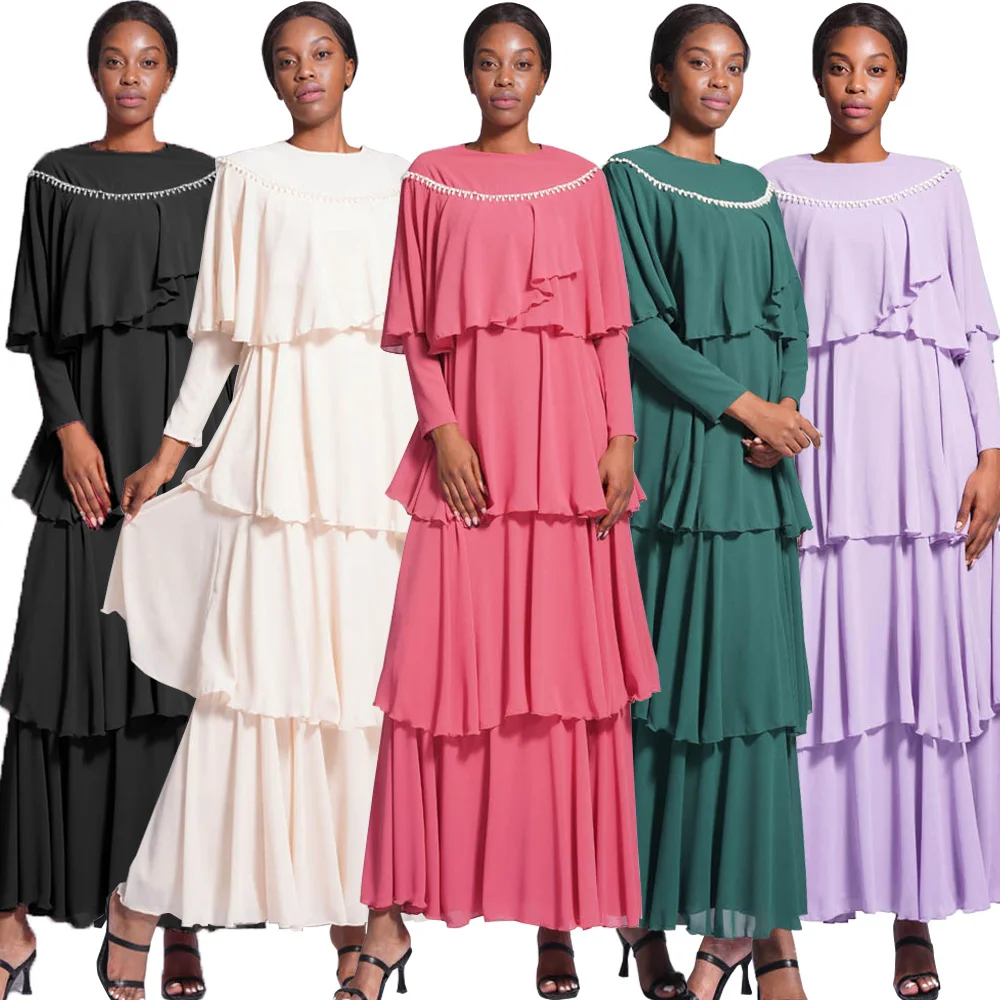 

Fashion Women Muslim Summer Beads Chiffon Ruffles Layer Long Maxi Dress Dubai Turkey Islamic Party Arab Gown Kaftan Evening Robe