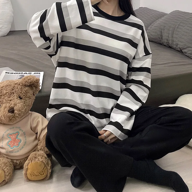 Spring/Summer 2023 Knitted Cotton like Padded Pajamas Women's Stripe Round Neck Pullover Casual Loose Slouchy Set Home Wear