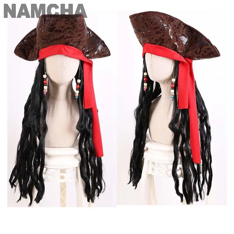 Cosplay Wigs Pirate Captain Jack Sparrow Wig Hat Cosplay Black Long Curly Hair Adult Pirates Cap Stage Performence Halloween Costume Props