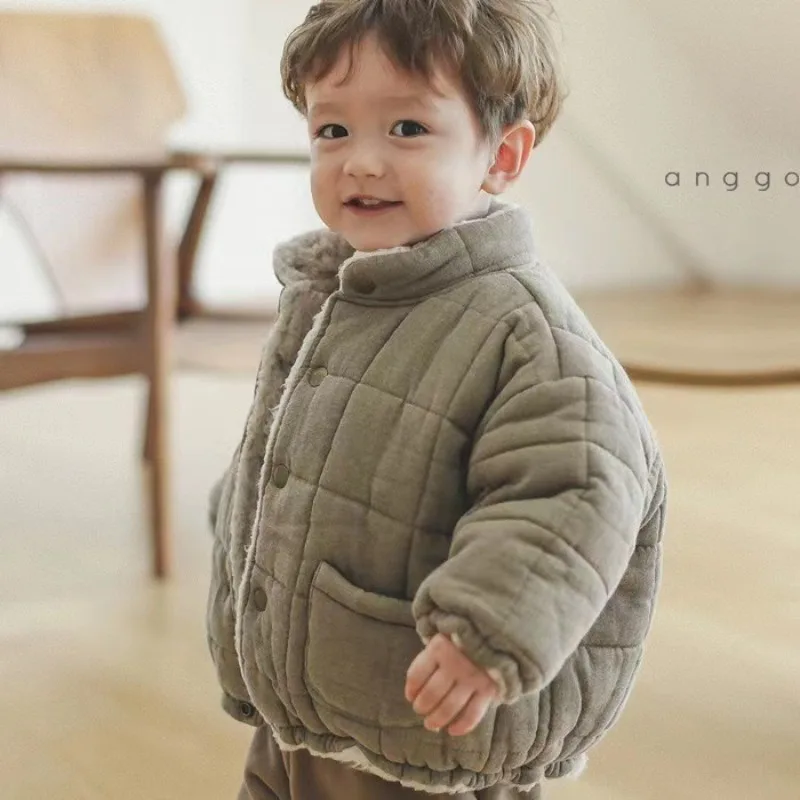 Korean Version Baby Boys Girls New Winter Solid Coat Cashmere Padded Thicken Warm Coat Kid Simple High Collar Cotton Padded Suit