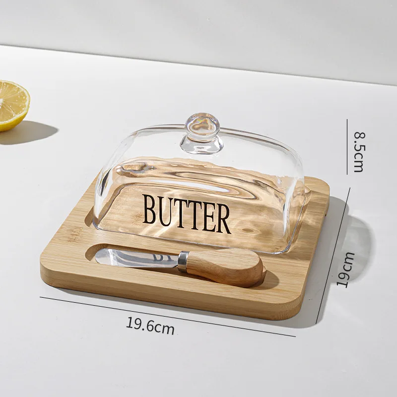 Wood Butter Dish With Glass Lid And Knife