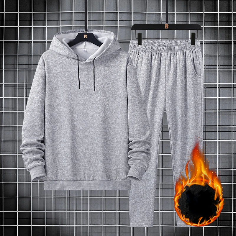 

Casual Men Tracksuit Solid Color Fleece Autumn Two Piece Set Male Hoodie and Sweatpants Trendy Streetwear Men Fashion Sports Set